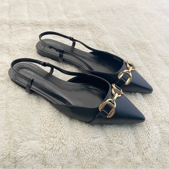 Justfab Just Fab Pointed Toe Black Slingback Flats w/ Gold Accent New Size 9 - Picture 6 of 12